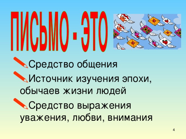 Средство общения Источник изучения эпохи, обычаев жизни людей Средство выражения уважения, любви, внимания