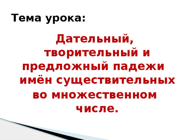 Тема урока: Дательный, творительный и предложный падежи имён существительных во множественном числе.