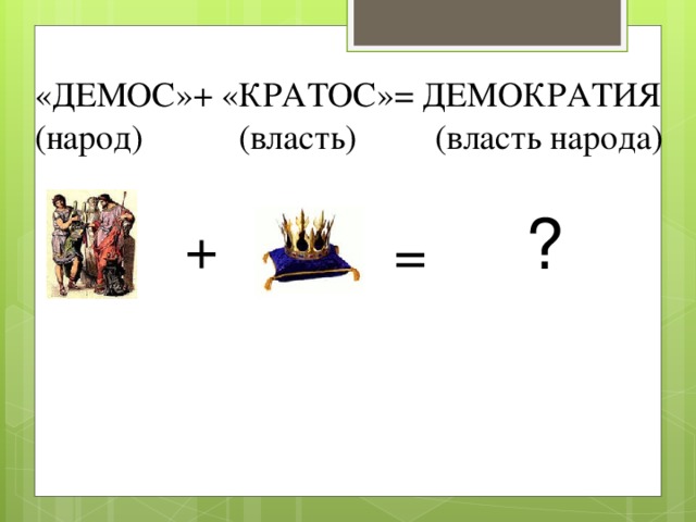 «ДЕМОС»+ «КРАТОС»= ДЕМОКРАТИЯ (народ) (власть) (власть народа) ? + =