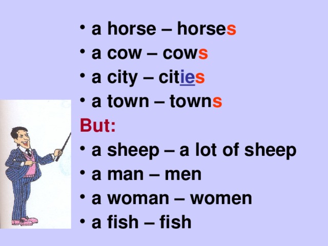 a horse – horse s  a cow – cow s a city – cit ie