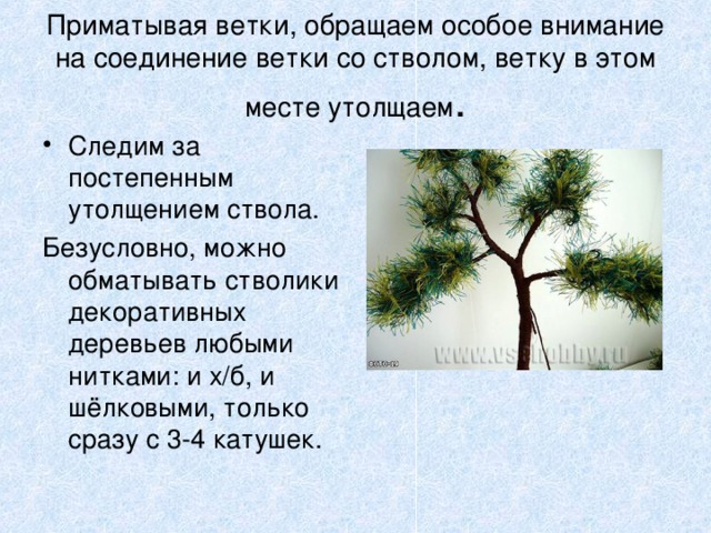 Приматывая ветки, обращаем особое внимание на соединение ветки со стволом, ветку в этом месте утолщаем . Следим за постепенным утолщением ствола. Безусловно, можно обматывать стволики декоративных деревьев любыми нитками: и х/б, и шёлковыми, только сразу с 3-4 катушек.