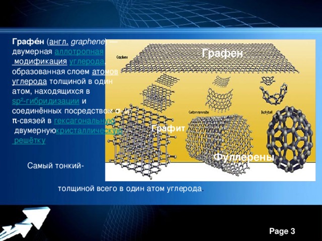 Графе́н  ( англ.   graphene ) — двумерная  аллотропная модификация   углерода , образованная слоем  атомов   углерода  толщиной в один атом, находящихся в  sp²-гибридизации  и соединённых посредством σ- и π-связей в  гексагональную  двумерную кристаллическую решётку Графен Графит Фуллерены Самый тонкий- толщиной всего в один атом углерода .