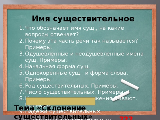 Имя существительное Что обозначает имя сущ., на какие вопросы отвечает? Почему эта часть речи так называется? Примеры. Одушевленные и неодушевленные имена сущ. Примеры. Начальная форма сущ. Однокоренные сущ. и форма слова. Примеры Род существительных. Примеры. Число существительных. Примеры. Какими членами предложения бывают. Примеры. Падежи существительных. Склонение существительных. ??? Тема «Склонение существительных»