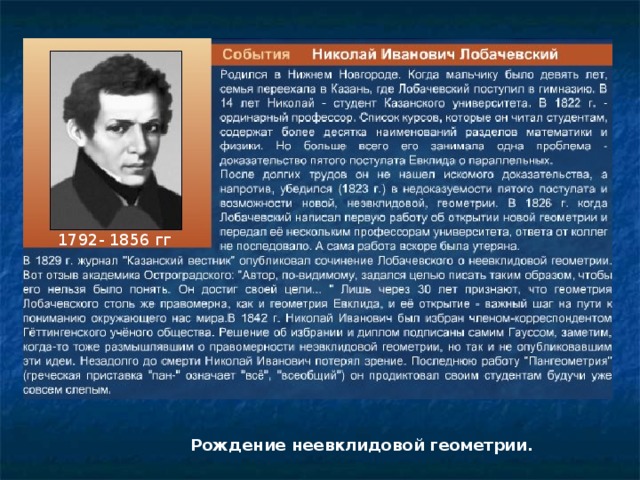 1792- 1856 гг Рождение неевклидовой геометрии.