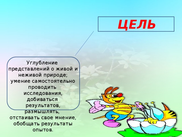 ЦЕЛЬ Углубление представлений о живой и неживой природе; умение самостоятельно проводить исследования, добиваться результатов, размышлять, отстаивать свое мнение, обобщать результаты опытов.