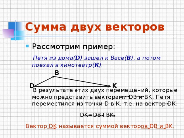 Сумма двух векторов Рассмотрим пример:  Петя из дома( D ) зашел к Васе( B ), а потом поехал в кинотеатр( К ).    В результате этих двух перемещений, которые можно представить векторами DB и BK, Петя переместился из точки D в К, т.е. на вектор DК:  DK=DB+BK. Вектор DK называется суммой векторов DB и BK. B K D
