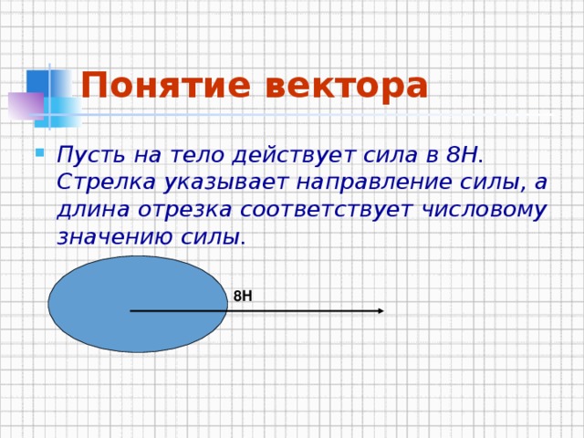 Понятие вектора Пусть на тело действует сила в 8Н. Стрелка указывает направление силы, а длина отрезка соответствует числовому значению силы. 8Н