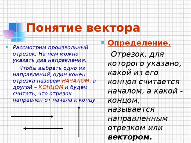 Понятие вектора Определение.  Отрезок, для которого указано, какой из его концов считается началом, а какой - концом, называется направленным отрезком или вектором. Рассмотрим произвольный отрезок. На нем можно указать два направления.  Чтобы выбрать одно из направлений, один конец отрезка назовем НАЧАЛОМ , а другой – КОНЦОМ и будем считать, что отрезок направлен от начала к концу.