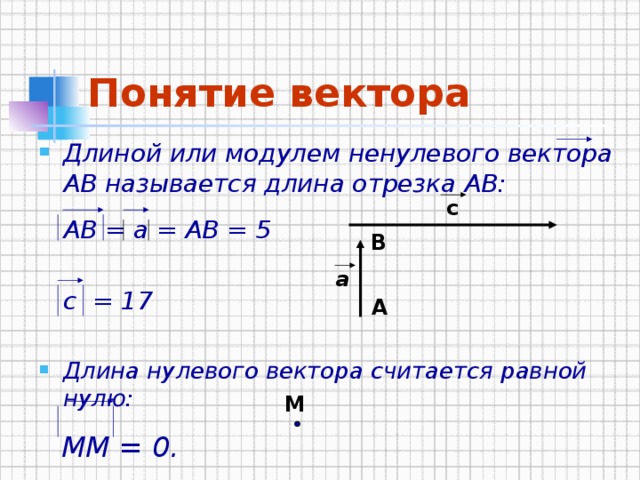 Понятие вектора Длиной или модулем ненулевого вектора АВ называется длина отрезка АВ:   АВ = а = АВ = 5   с = 17  Длина нулевого вектора считается равной нулю:   ММ = 0. с В a А  М