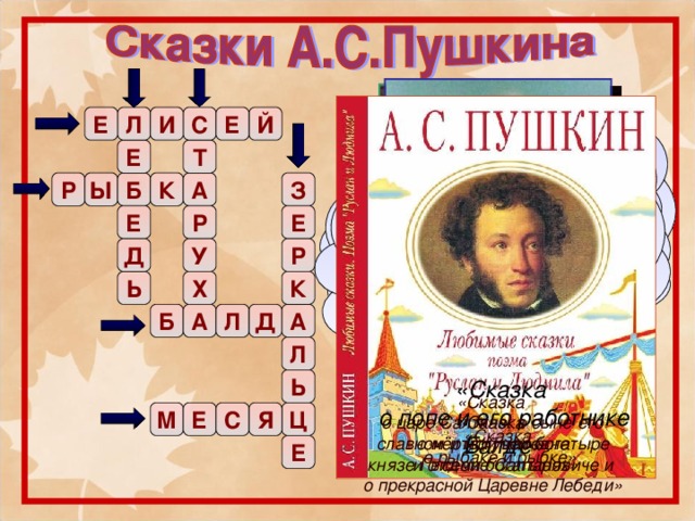 «Свет наш солнышко!  Ты ходишь Круглый год по небу,  сводишь Зиму с тёплою  весной, Всех нас видишь под  собой?...» «Буду служить тебе   славно, Усердно и очень    исправно, В год за три щелчка  тебе по лбу, Есть же мне давай варёную полбу». «Погоди; об ней, быть  может, Ветер знает. Он  поможет. Ты к нему теперь  ступай, Не печалься же,  прощай». Л Е И Й Е С Т Е «Здравствуй, князь ты  мой прекрасный! Что ж ты тих, как день  ненастный? Опечалился чему?» «Воротись, поклонися  рыбке: Не хочу быть  столбовою дворянкой, А хочу быть вольною    царицей». «Ты прекрасна, спору  нет, Но царевна всех  милее, Всех румяней и белее». Ы А К Б З Р Р Е Е «Не печалься,  ступай себе с богом! Так и быть:  изба вам уж будет». Р Д У Х К Ь Б А Д Л А Л Ь «Сказка  о попе и его работнике Балде» «Сказка  о царе Салтане, о сыне его  славном и могучем богатыре  князе Гвидоне Салтановиче и  о прекрасной Царевне Лебеди» «Сказка  о мёртвой царевне  и о семи богатырях» Я С Е М Ц «Сказка  о рыбаке и рыбке» Е