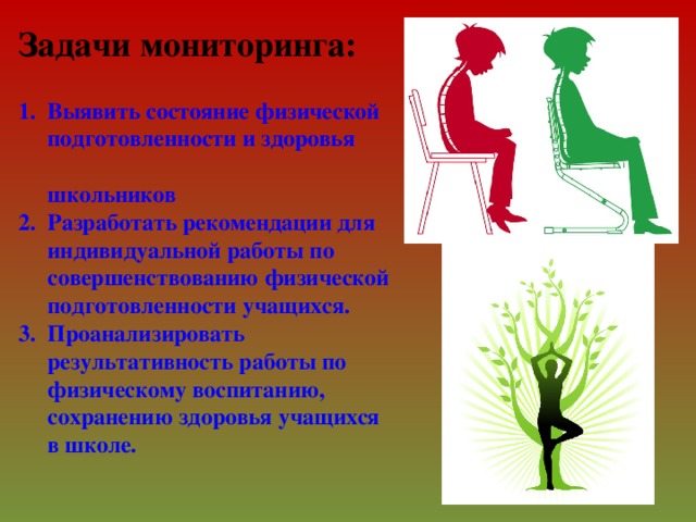 Задачи мониторинга:   1. Выявить состояние физической  подготовленности и здоровья  школьников  2. Разработать рекомендации для  индивидуальной работы по  совершенствованию физической  подготовленности учащихся.  3. Проанализировать  результативность работы по  физическому воспитанию,  сохранению здоровья учащихся  в школе.