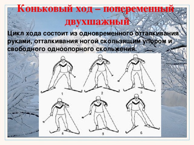 Коньковый ход – попеременный  двухшажный Цикл хода состоит из одновременного отталкивания руками, отталкивания ногой скользящим упором и свободного одноопорного скольжения.