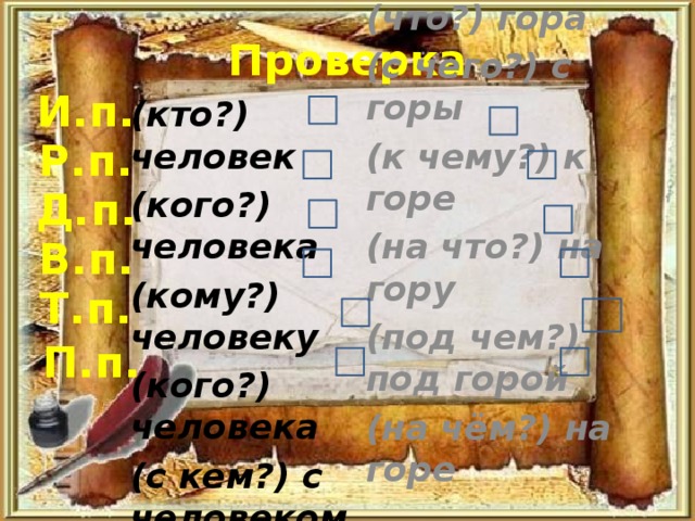 Проверка И.п. (что?) гора (кто?) человек (кого?) человека (с чего?) с горы (кому?) человеку (к чему?) к горе (на что?) на гору (кого?) человека (под чем?) под горой (с кем?) с человеком (о ком?) о человеке (на чём?) на горе  Р.п. Д.п. В.п. Т.п. П.п.