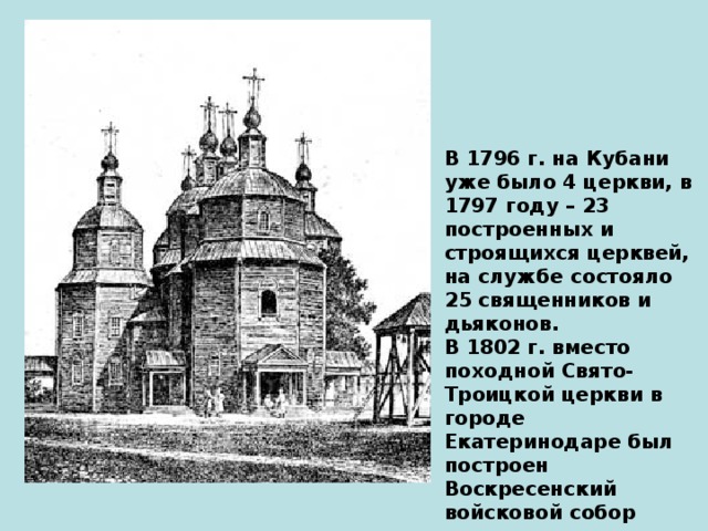 В 1796 г. на Кубани уже было 4 церкви, в 1797 году – 23 построенных и строящихся церквей, на службе состояло 25 священников и дьяконов. В 1802 г. вместо походной Свято-Троицкой церкви в городе Екатеринодаре был построен Воскресенский войсковой собор