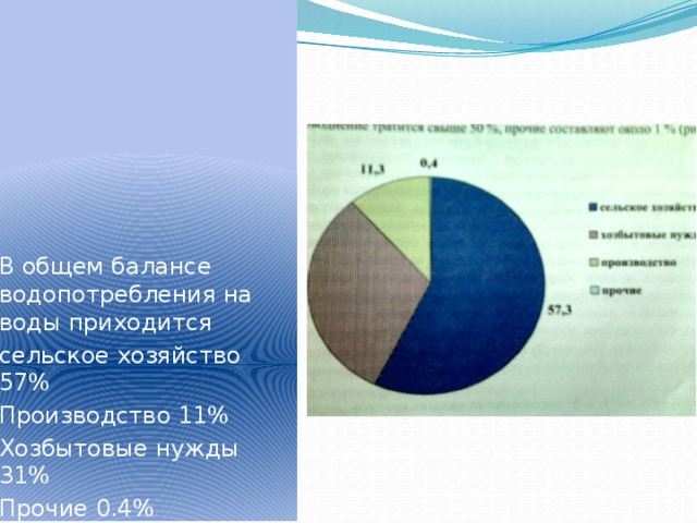 В общем балансе водопотребления на воды приходится сельское хозяйство 57% Производство 11% Хозбытовые нужды 31% Прочие 0.4%