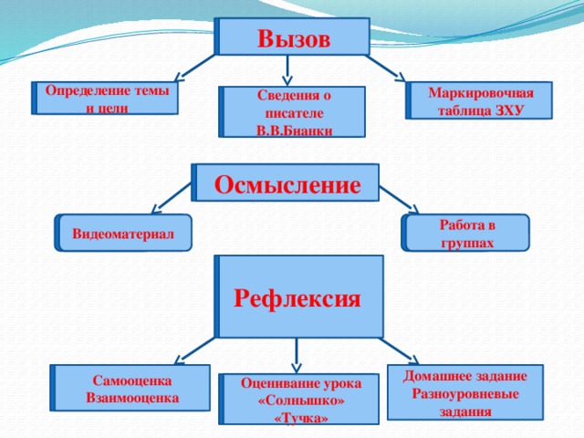 Вызов Вызов Маркировочная таблица ЗХУ Маркировочная таблица ЗХУ Определение темы и цели Определение темы и цели Сведения о писателе В.В.Бианки Сведения о писателе В.В.Бианки Осмысление Осмысление Видеоматериал  Работа в группах Работа в группах Видеоматериал  Рефлексия Рефлексия Самооценка Домашнее задание Самооценка Взаимооценка Взаимооценка Разноуровневые задания Оценивание урока Оценивание урока «Солнышко» «Тучка» «Солнышко» «Тучка»