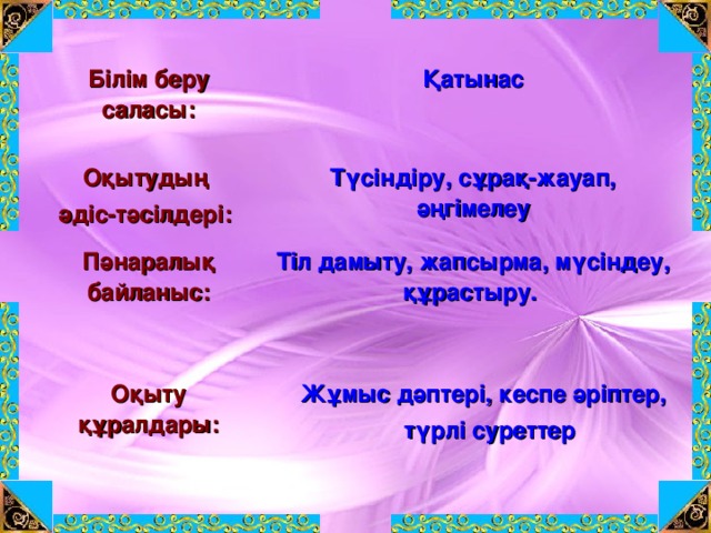 Білім беру саласы:  Оқытудың әдіс-тәсілдері: Қатынас Пәнаралық байланыс: Түсіндіру, сұрақ-жауап, әңгімелеу Оқыту құралдары: Тіл дамыту, жапсырма, мүсіндеу, құрастыру.    Жұмыс дәптері, кеспе әріптер,  түрлі суреттер