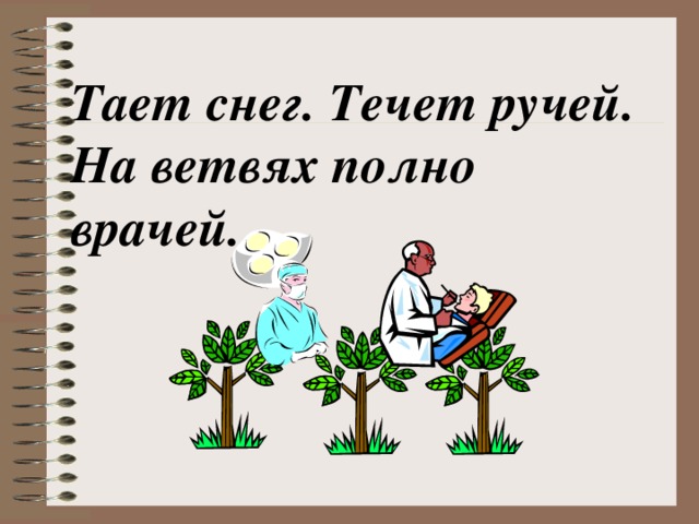 Тает снег. Течет ручей. На ветвях полно врачей.