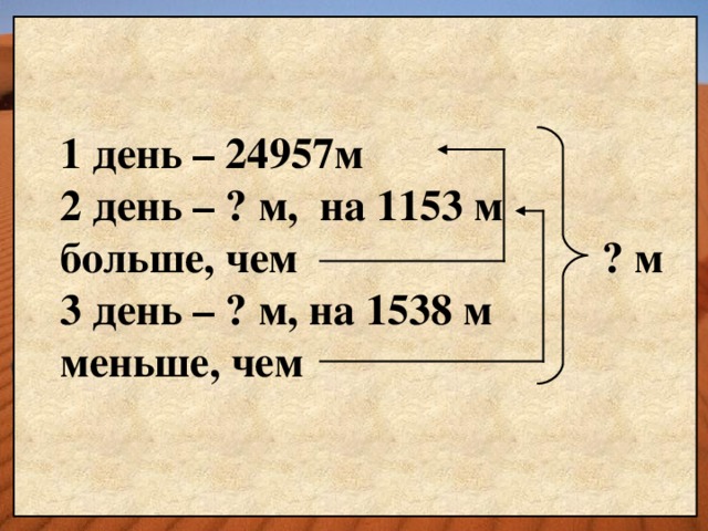 1 день – 24 957м 2 день – ? м, на 1 153 м больше, чем ? м 3 день – ? м, на 15 38 м меньше, чем