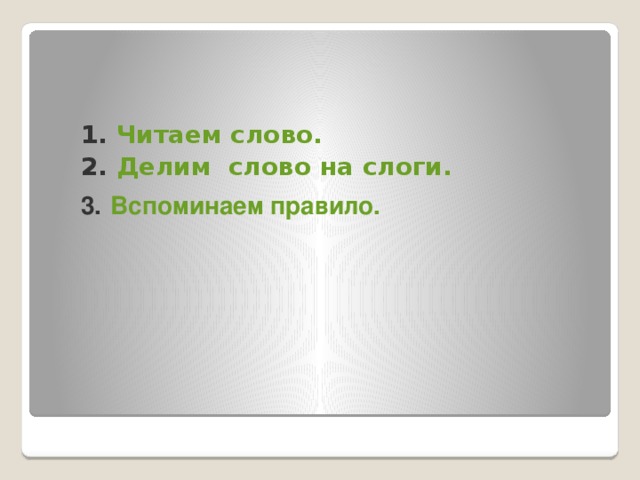 1. Читаем слово. 2. Делим слово на слоги. 3.  Вспоминаем правило.