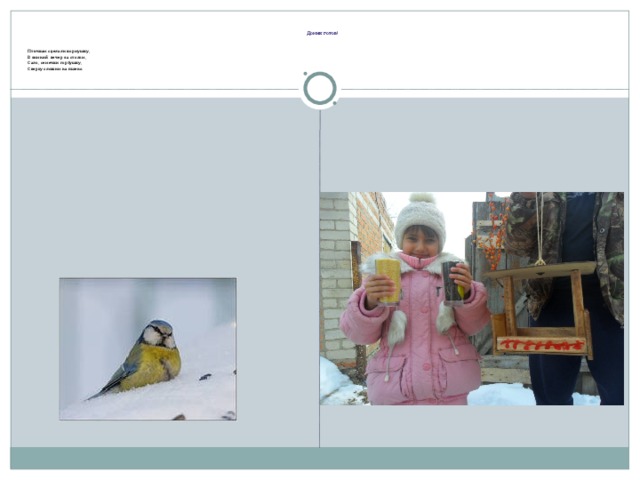 Домик готов! Птичкам сделали кормушку, В зимний  вечер за столом, Сало, семечки горбушку, Сверху сложим на пшено.