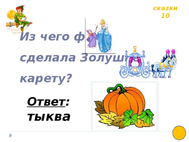 сказки 10 Из чего фея сделала Золушке карету? Ответ : тыква