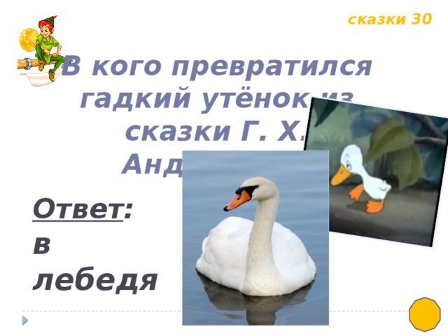 сказки 30 В кого превратился гадкий утёнок из сказки Г. Х. Андерсена? Ответ : в лебедя