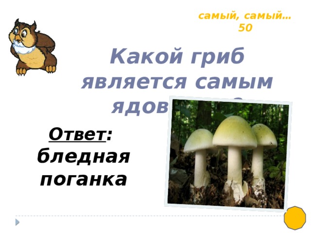 самый, самый… 50 Какой гриб является самым ядовитым? Ответ : бледная поганка