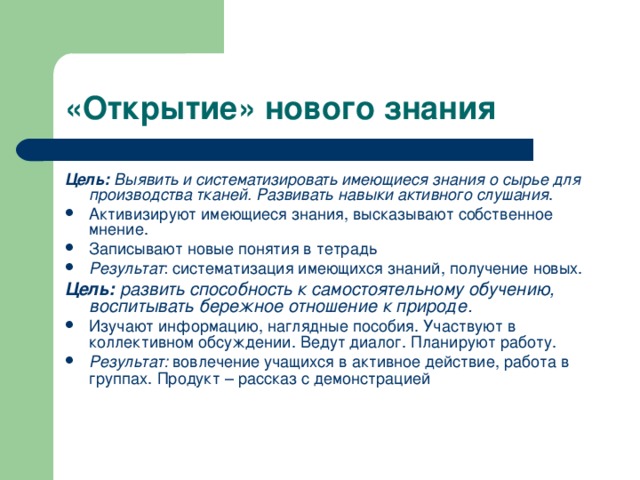 «Открытие» нового знания Цель: Выявить и систематизировать имеющиеся знания о сырье для производства тканей. Развивать навыки активного слушания . Активизируют имеющиеся знания, высказывают собственное мнение. Записывают новые понятия в тетрадь Результат : систематизация имеющихся знаний, получение новых. Цель: развить способность к самостоятельному обучению, воспитывать бережное отношение к природе.