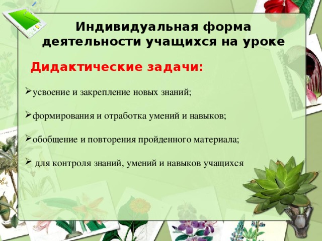 Индивидуальная форма деятельности учащихся на уроке Дидактические задачи: