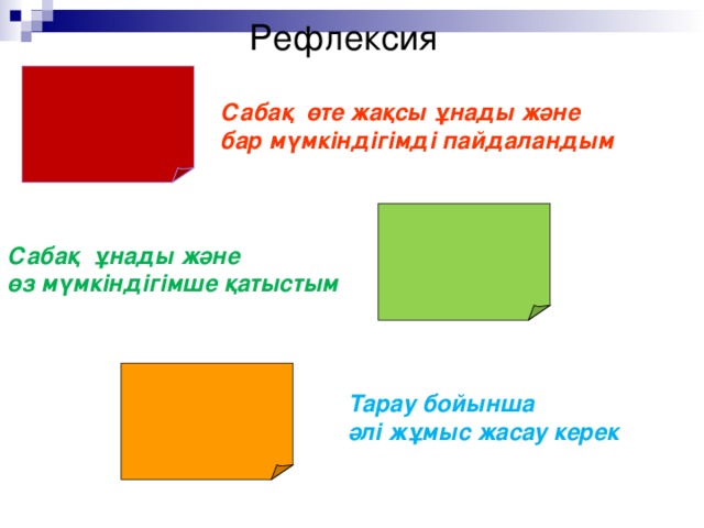 Рефлексия Сабақ өте жақсы ұнады және бар мүмкіндігімді пайдаландым Сабақ ұнады және өз мүмкіндігімше қатыстым  Тарау бойынша әлі жұмыс жасау керек