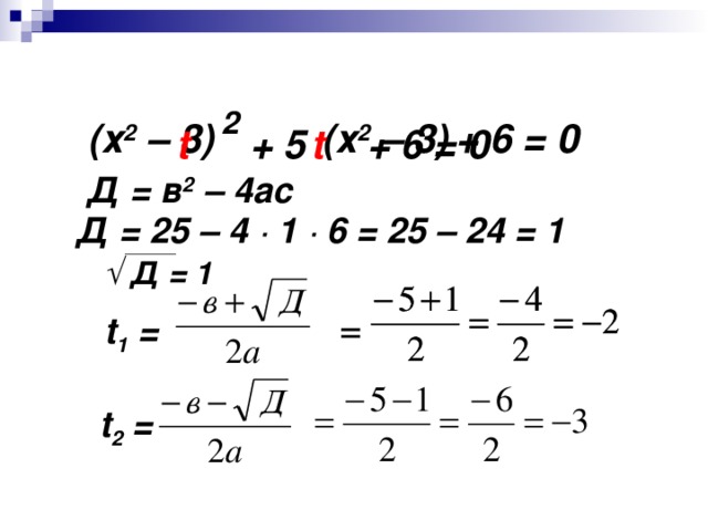 2 (х 2 – 3) (х 2 – 3) + 6 = 0   + 5  t t + 6 = 0 Д = в 2 – 4ас  Д = 25 – 4 · 1 · 6 = 25 – 24 = 1 √ Д  = 1  = t 1 =  t 2 =