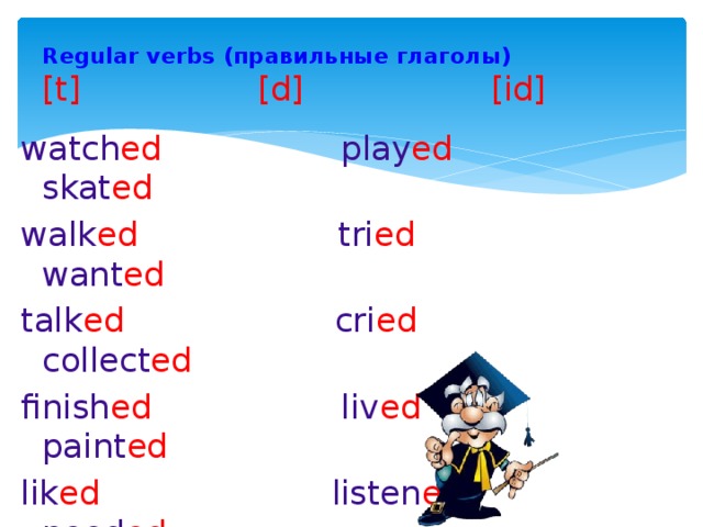 Regular verbs (правильные глаголы)  [t] [d] [id]  watch ed play ed skat ed walk ed tri ed want ed talk ed cri ed collect ed finish ed liv ed paint ed lik ed listen ed need ed help ed open ed invit ed