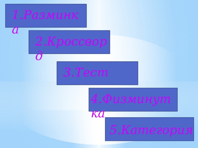 1.Разминка 2.Кроссворд 3.Тест 4.Физминутка 5.Категория