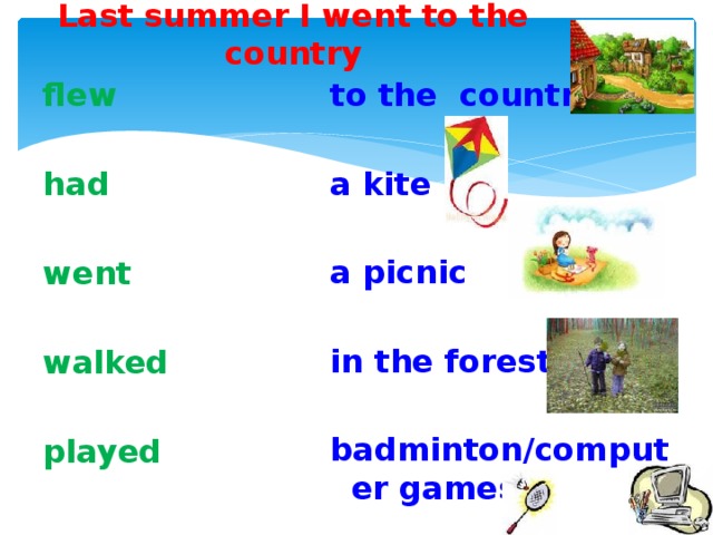 Last summer I went to the country flew to the country   had a kite   a picnic went   in the forest walked   played badminton/computer games