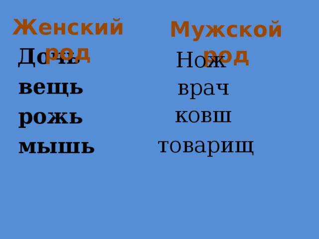 Дочь  вещь  рожь  мышь Женский род Мужской род Нож врач ковш товарищ