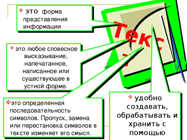 Текст как форма представления информации. Форма представления газеты. Предоставление информации в устной форме. Материальное представление и записи визуальной информации. Любое словесное высказывание напечатанное