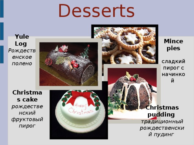 Christmas Desserts Yule Log Рождественское полено Mince pies  сладкий пирог с начинкой Christmas cake рождественский фруктовый пирог Christmas pudding традиционный рождественский пудинг