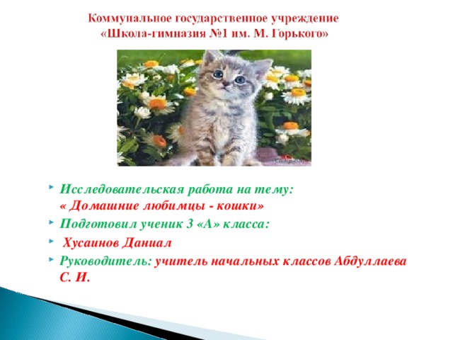 Исследовательская работа на тему:  « Домашние любимцы - кошки» Подготовил ученик 3 «А» класса:  Хусаинов Даниал Руководитель: учитель начальных классов Абдуллаева С. И.