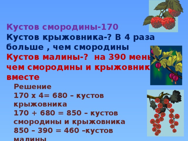 Задача про ягоды. Задача:в саду кустов малины кустов крыжовника на 3 меньше. Смородины по 5 рядов. На сколько больше кустов малины. В саду росли малина крыжовник и смородина всего 50 кустов крыжовника.