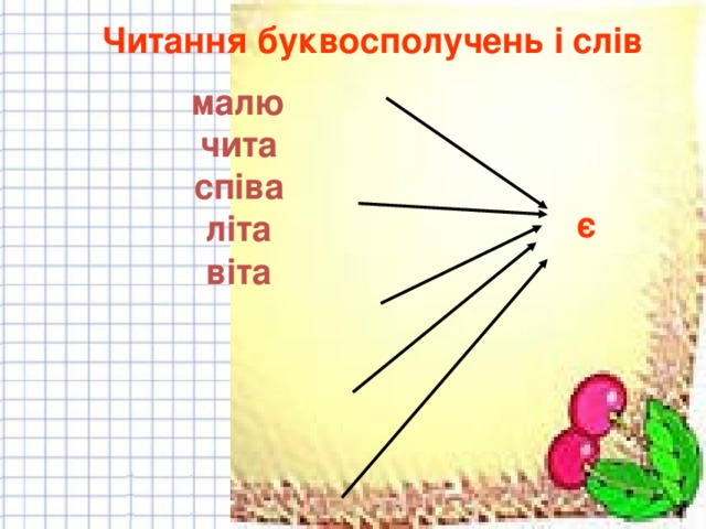 Читання буквосполучень і слів малю чита співа літа віта є