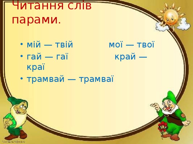 Читання слів парами.   мій — твій мої — твої гай — гаї край — краї трамвай — трамваї  