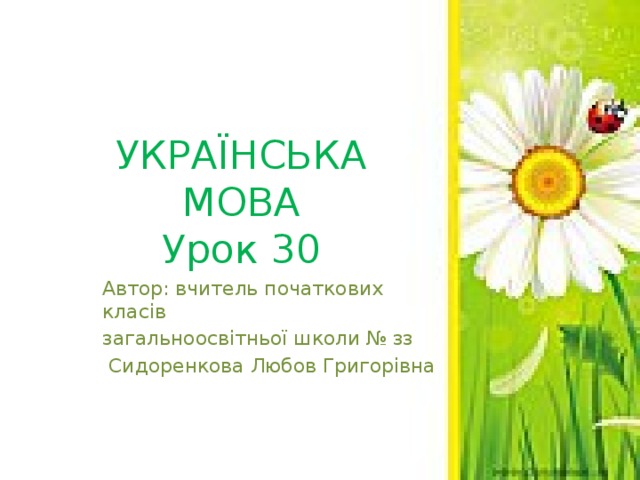 УКРАЇНСЬКА МОВА  Урок 30 Автор: вчитель початкових класів загальноосвітньої школи № зз  Сидоренкова Любов Григорівна