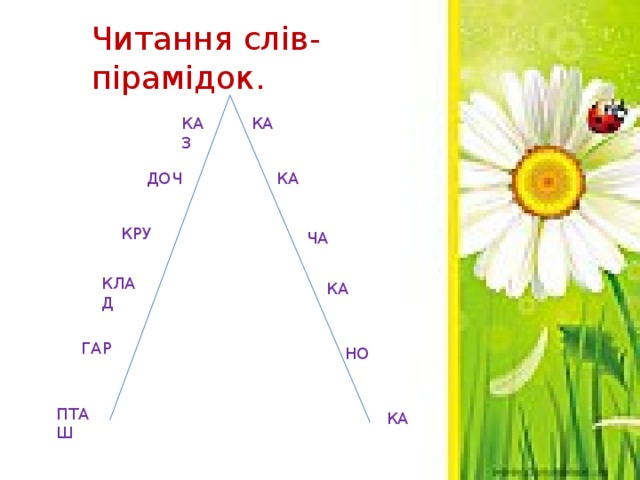 Читання слів-пірамідок. КАЗ КА ДОЧ КА КРУ ЧА КЛАД КА ГАР НО ПТАШ КА