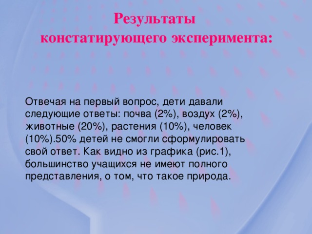 Результаты констатирующего эксперимента: Отвечая на первый вопрос, дети давали следующие ответы: почва (2%), воздух (2%), животные (20%), растения (10%), человек (10%).50% детей не смогли сформулировать свой ответ. Как видно из графика (рис.1), большинство учащихся не имеют полного представления, о том, что такое природа.