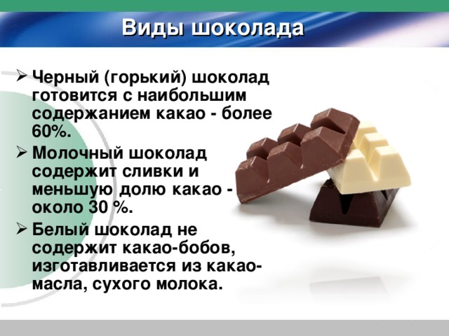 Виды шоколада Черный (горький) шоколад готовится с наибольшим содержанием какао - более 60%. Молочный шоколад содержит сливки и меньшую долю какао - около 30 %. Белый шоколад не содержит какао-бобов, изготавливается из какао-масла, сухого молока.
