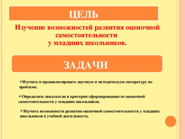 ЦЕЛЬ Изучение возможностей развития оценочной самостоятельности у младших школьников.  ЗАДАЧИ