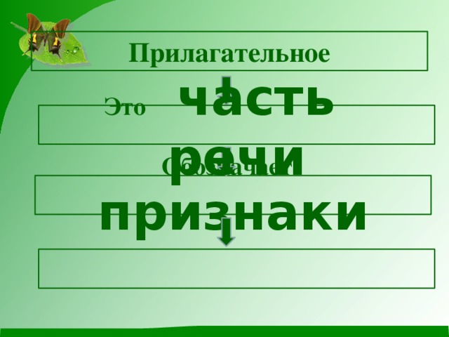 Прилагательное Это часть речи Обозначает признаки