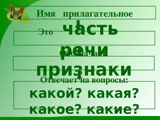 Имя прилагательное Это часть речи Обозначает признаки  Отвечает на вопросы: какой? какая? какое? какие?