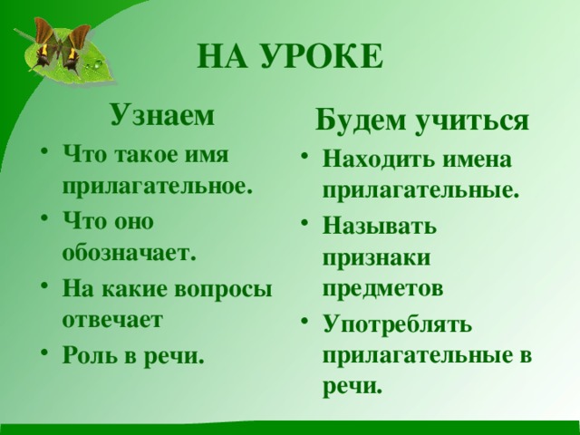 НА УРОКЕ Узнаем Что такое имя прилагательное. Что оно обозначает. На какие вопросы отвечает Роль в речи. Будем учиться